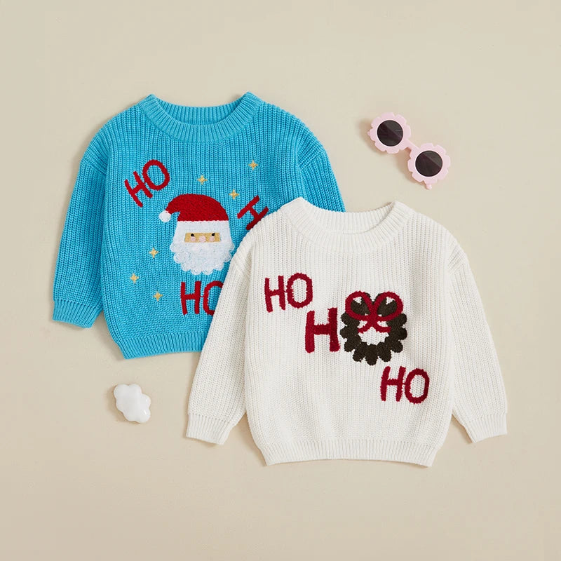 Baby Toddler Boys Gils Christmas Sweater Ho Ho Ho Long Sleeve Round Neck Santa / Wreath Pattern Knit Pullover Top