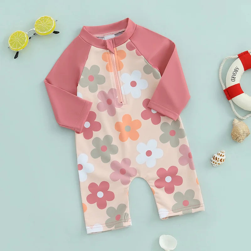 Baby Toddler Boys Girls Rash Guard Swimwear Animal/Floral/Tree Print Long Sleeve Mock Neck Zip Bathing Suit