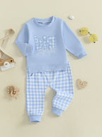 Baby Toddler Boys 2Pcs Fall Outfit Letter Embroidery Big Brother Long Sleeve Top and Elastic Plaid Pants Clothes