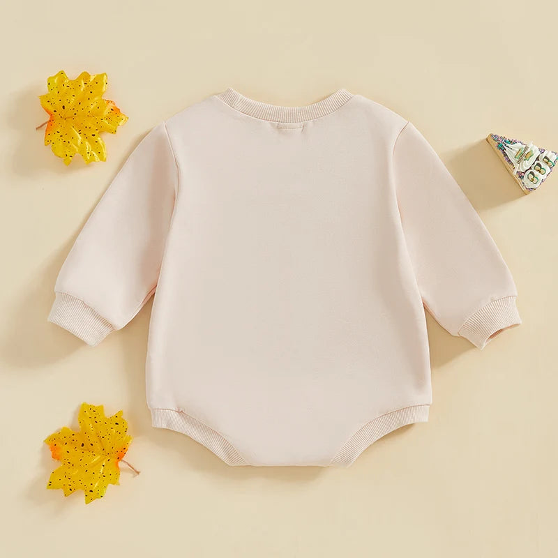 Baby Girls Thanksgiving Thankful Bubble Romper Letter Floral Embroidery O-Neck Long Sleeve Jumpsuit