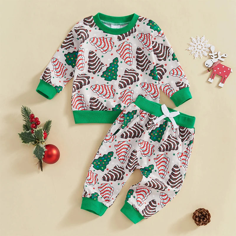 Baby Toddler Boys Girls 2Pcs Outfit Christmas Tree Print Long Sleeve Crewneck Top and Elastic Pants Jogger Set