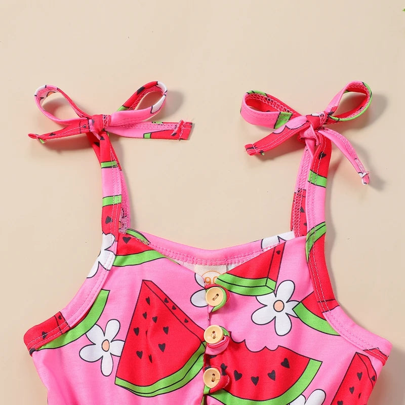 Baby Toddler Kids Girl Summer Jumpsuit Sleeveless Tie Strap Watermelon Print Belted Romper Shorts