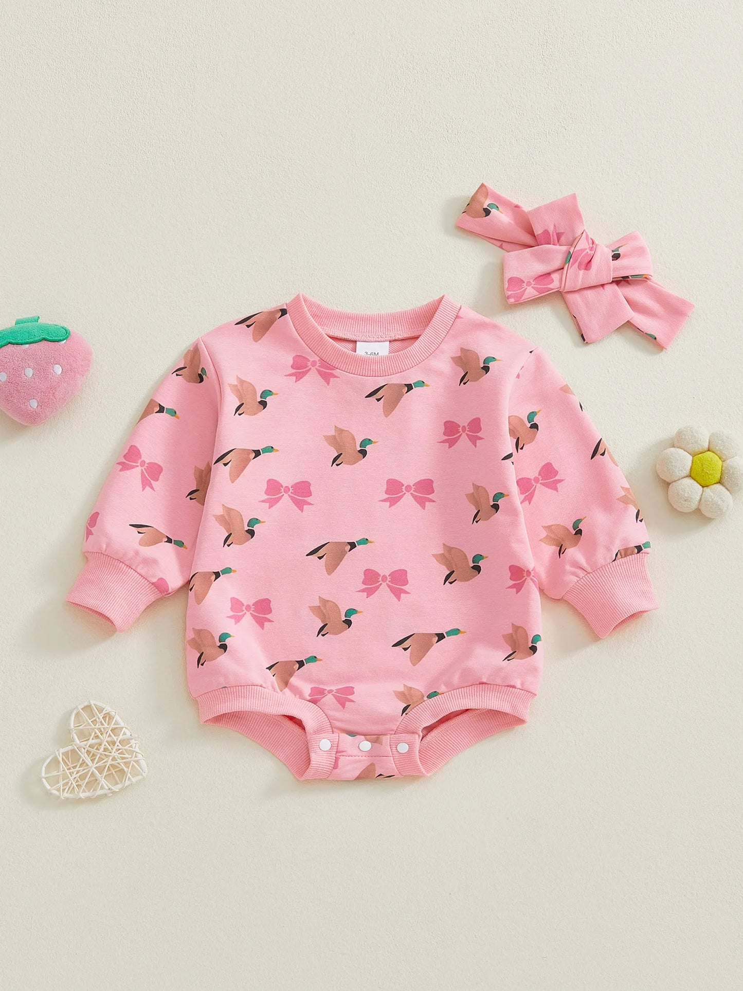 Baby Girls 2Pcs Romper Round Neck Duck and Bow Print Long Sleeve Jumpsuit with Headband Set
