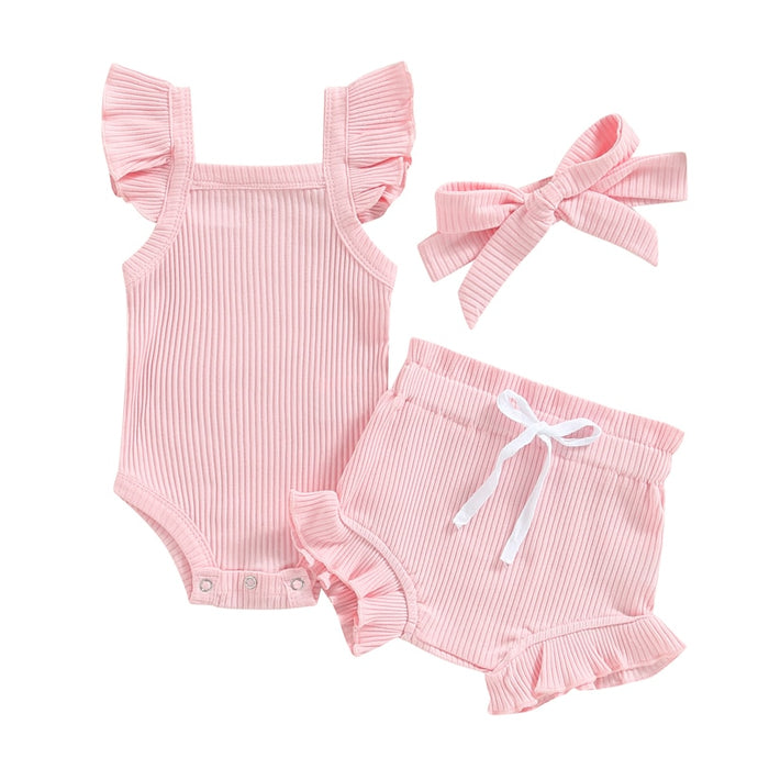 Baby Toddler Girls 3Pcs Flutter Sleeve Solid Romper Tops Drawstring Short Pants Headband Outfit