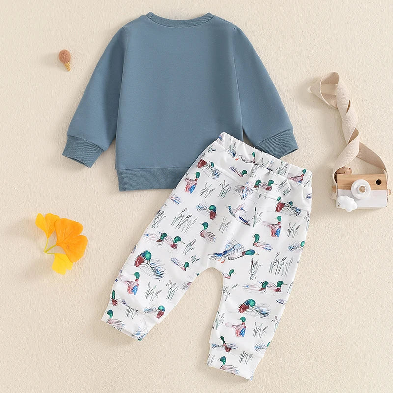 Baby Toddler Boys 2Pcs Outfit Round Neck Long Sleeve Top with Pocket and Wild Duck Bird Print Long Pants Jogger Set