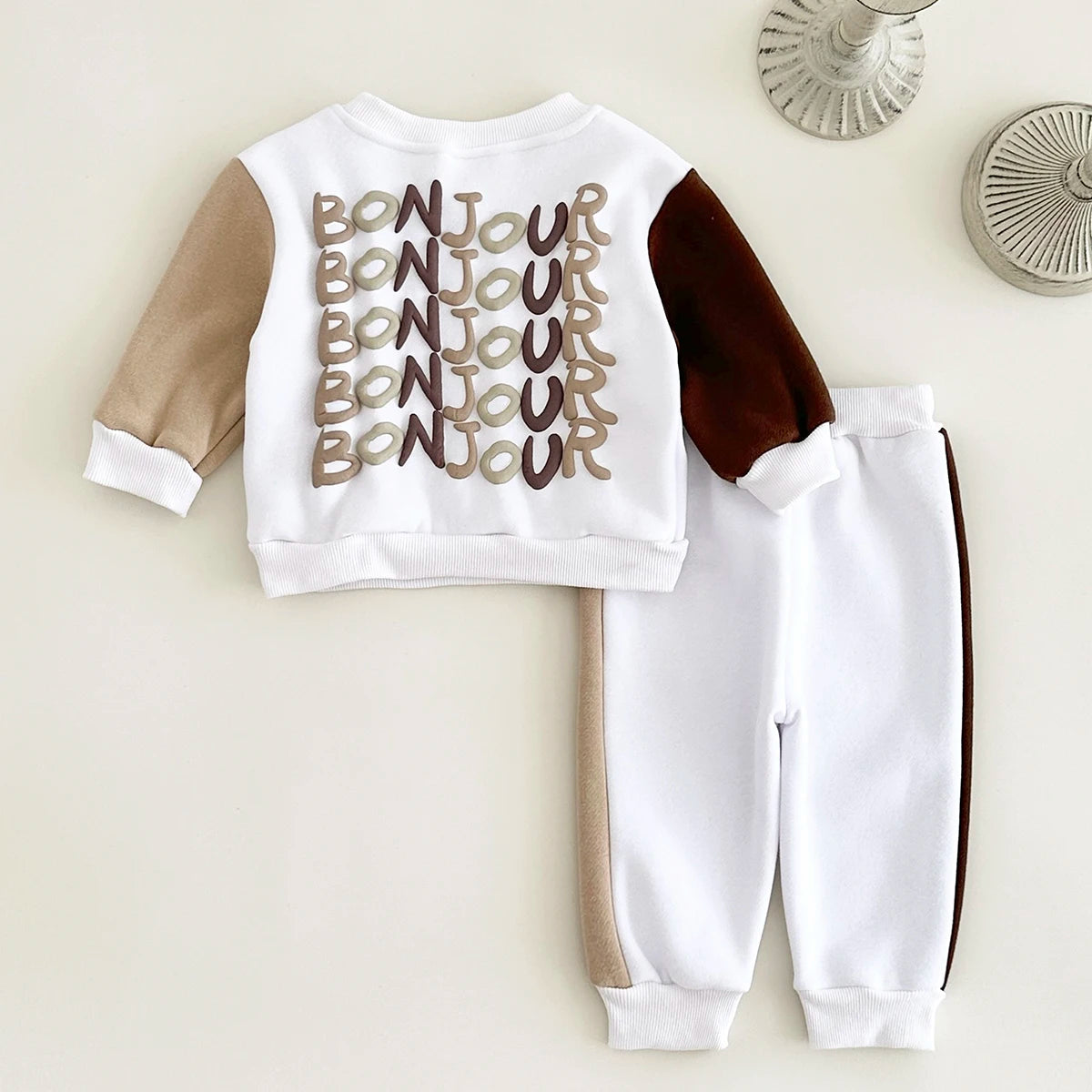 Baby Toddler Boys Girls 2Pcs Bonjour Jogger Set Outfit Letter Print Long Sleeve Top + Pants