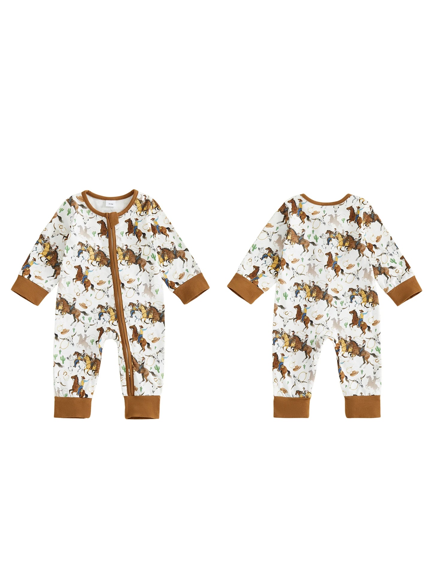 Baby Boy Western Zipper Romper Cactus Horse Print Long Sleeve Zip-up Jumpsuit Casual Infant Clothes