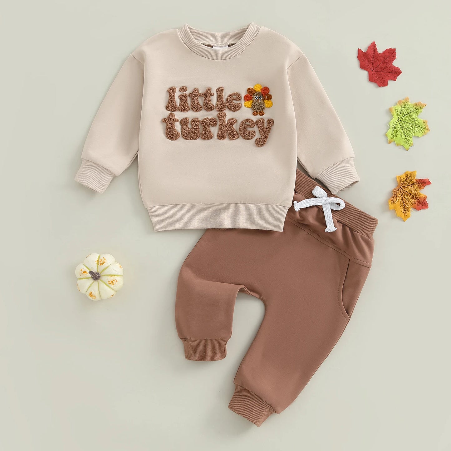 Baby Toddler Boy 2Pcs Little Turkey Thanksgiving Outfit Letter Turkey Embroidery Long Sleeve O-Neck Pullover + Elastic Waist Solid Pants Jogger Set