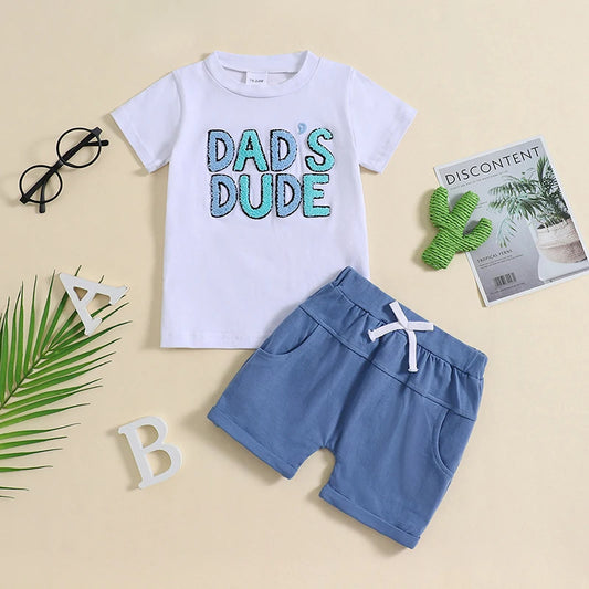 Baby Toddler Kids Boys Dad's Dude Summer Short Sleeve Letter Embroidery Top and Drawstring Shorts Outfit Set