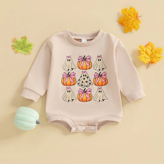 Baby Girl Halloween Bodysuit Long Sleeve Bow Ghost Pumpkin Print Bubble Romper Fall Playsuit