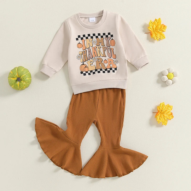 Baby Toddler Girls 2Pcs In My Thankful Era Thanksgiving Outfit Letter Print Fall Long Sleeve Top Ribbed Flare Pants Set