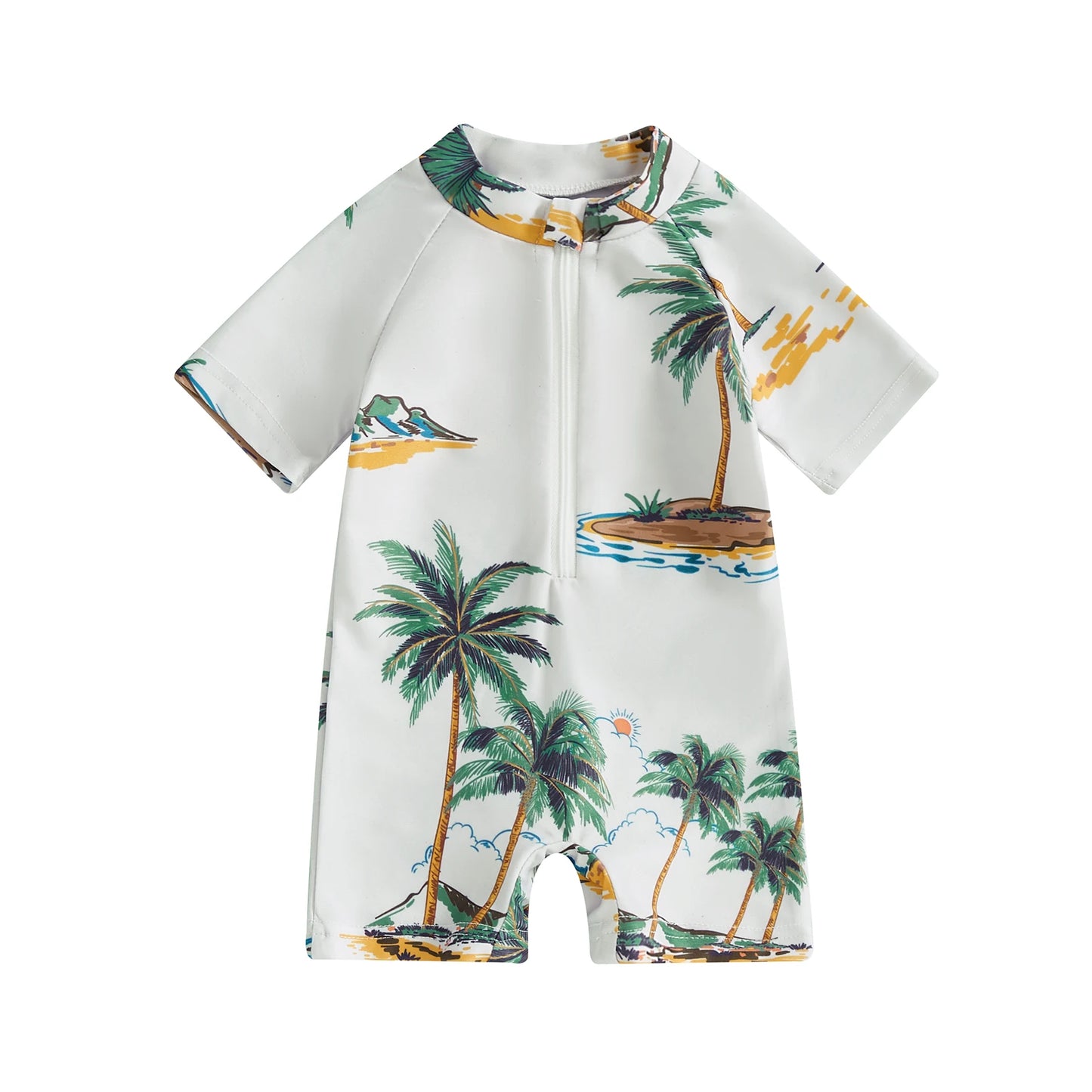 Baby Toddler Boys Rash Guard Swimwear Palm Tree Print Short Sleeve Mock Neck Zip Bathing Suit
