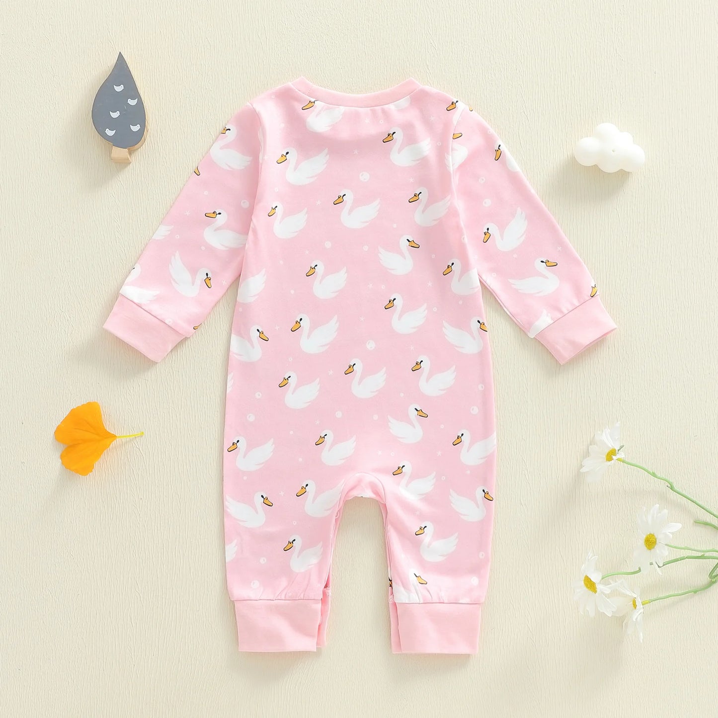 Baby Boys Girls Romper Comfortable Geese Print Crew Neck Long Sleeve Full Length Jumpsuit