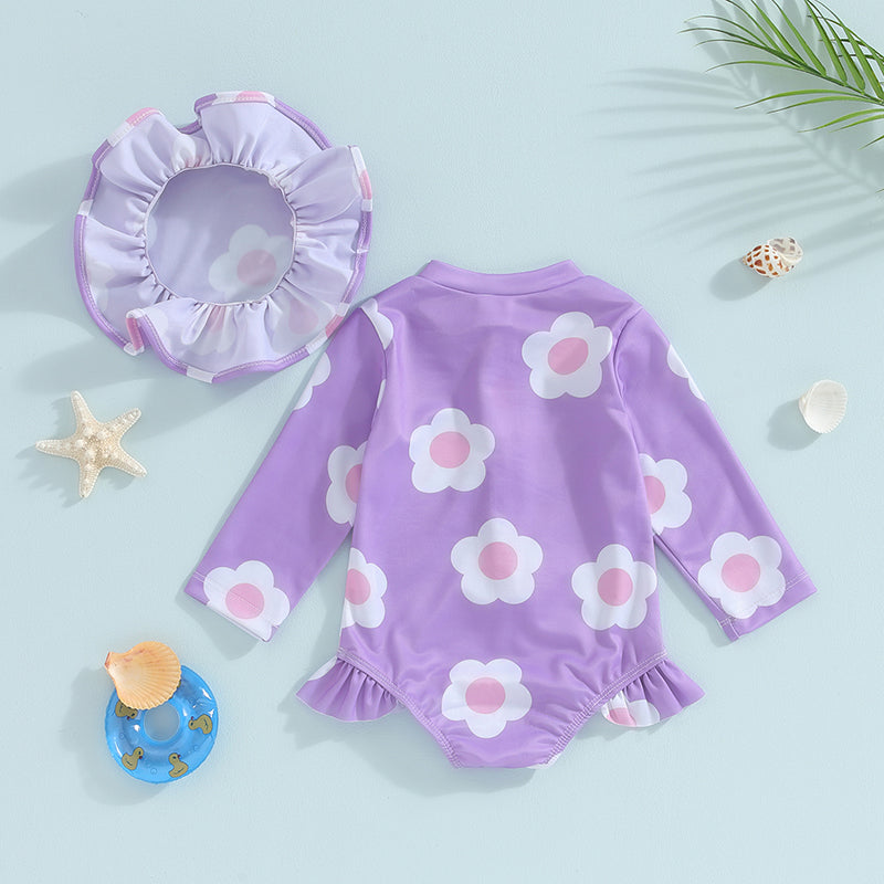 Baby Toddler Girls 2Pcs Swimsuit with Hat Flower Print Long Sleeve Ruffles Round Neck Front Zipper Bathing Suit Set