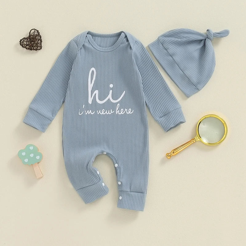 Baby Boys Girls 2Pcs Hi I'm New Here Romper Letter Print Long Sleeve Crew Neck Jumpsuit Bodysuit with Hat Set