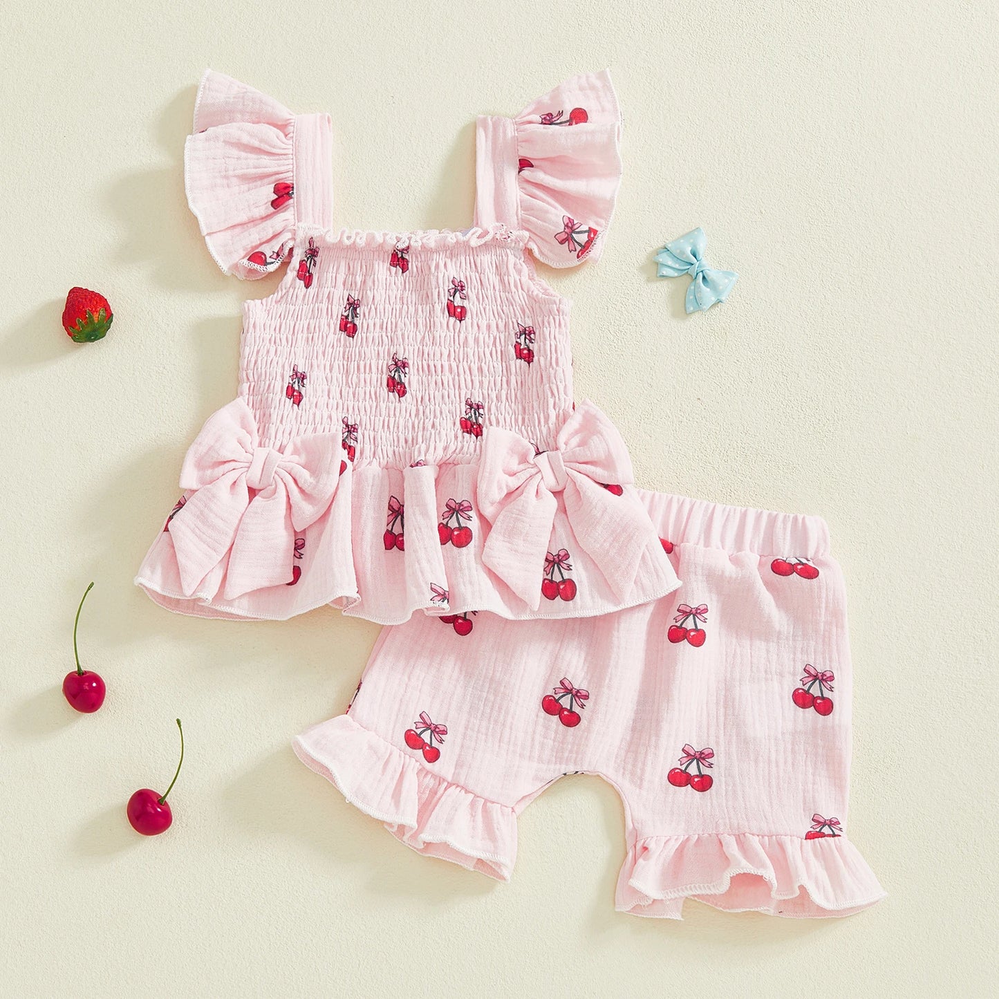Baby Toddler Girl 2Pcs Summer Outfits Ruffle Sleeveless Cherries Fruit Print Smocked Top Shorts Set Clothes