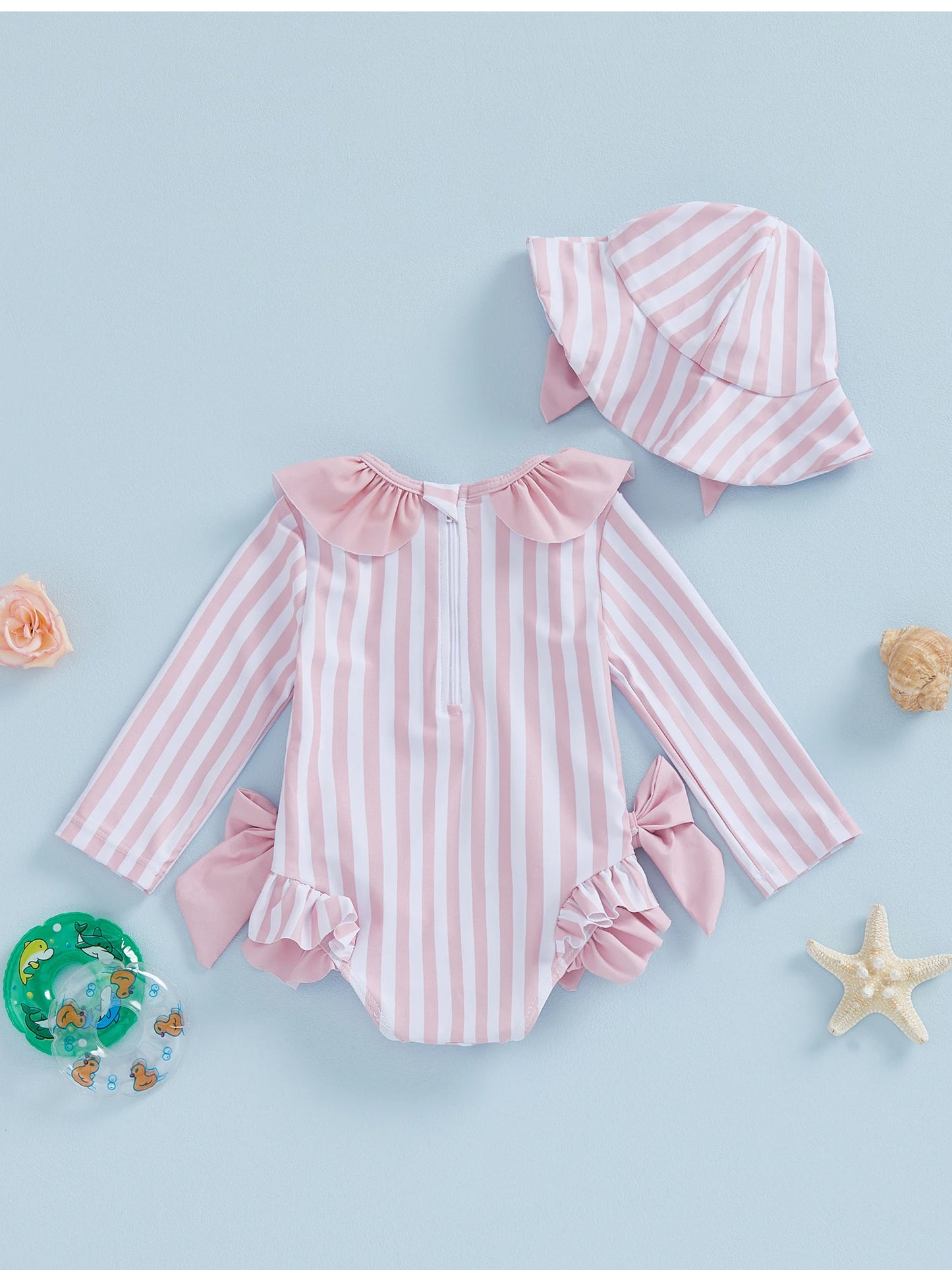 Baby Toddler Girls 3Pcs Swimsuit Ruffles Collar Long Sleeve Striped Print Bow Swimwear with Hat Set