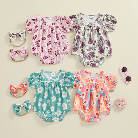 Baby Girls 2Pcs Outfit Short Sleeve Crew Neck Flower Print Bodysuit with Bow Headband Summer Clothes Set