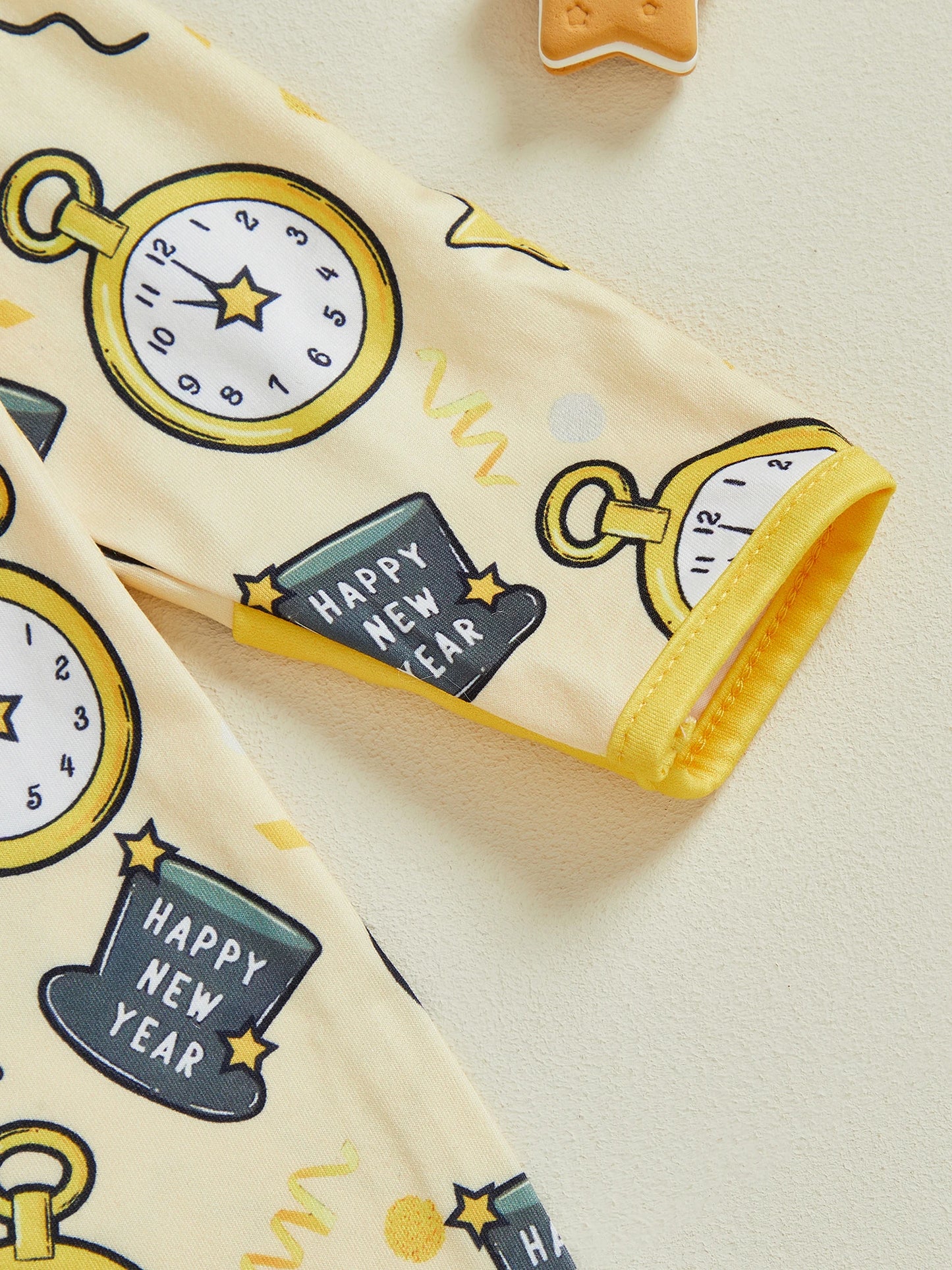 Baby Boy Girl 2Pcs Happy New Year Outfits Cute Long Sleeve Round Neck Hat Clock Print Footed Jumpsuit and Hat Set