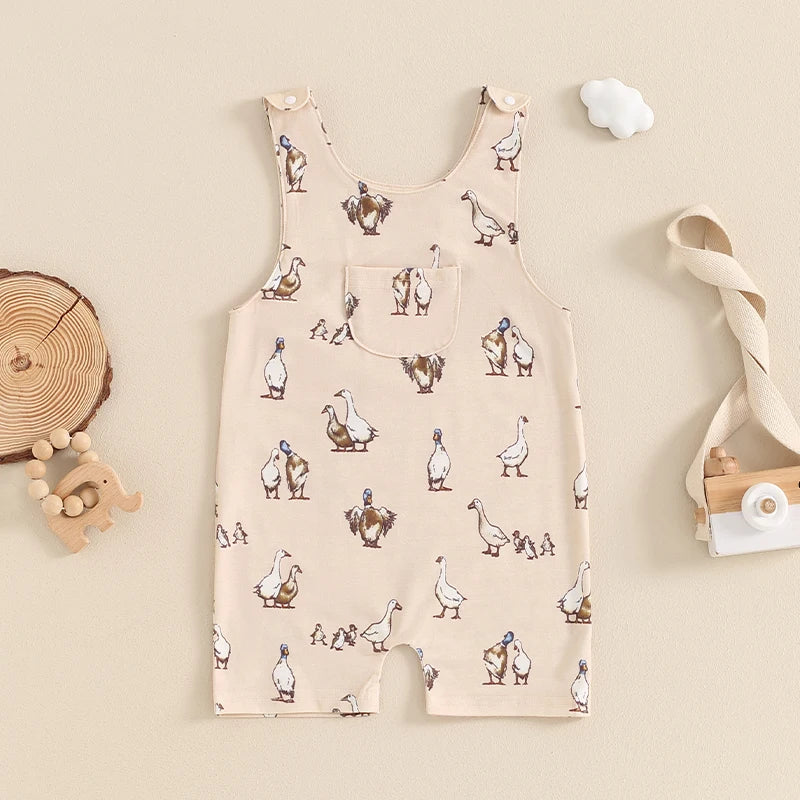 Baby Girls Boy Overalls Shorts Jumpsuit Summer Duck Goose Bird Print Sleeveless Tank Top Romper