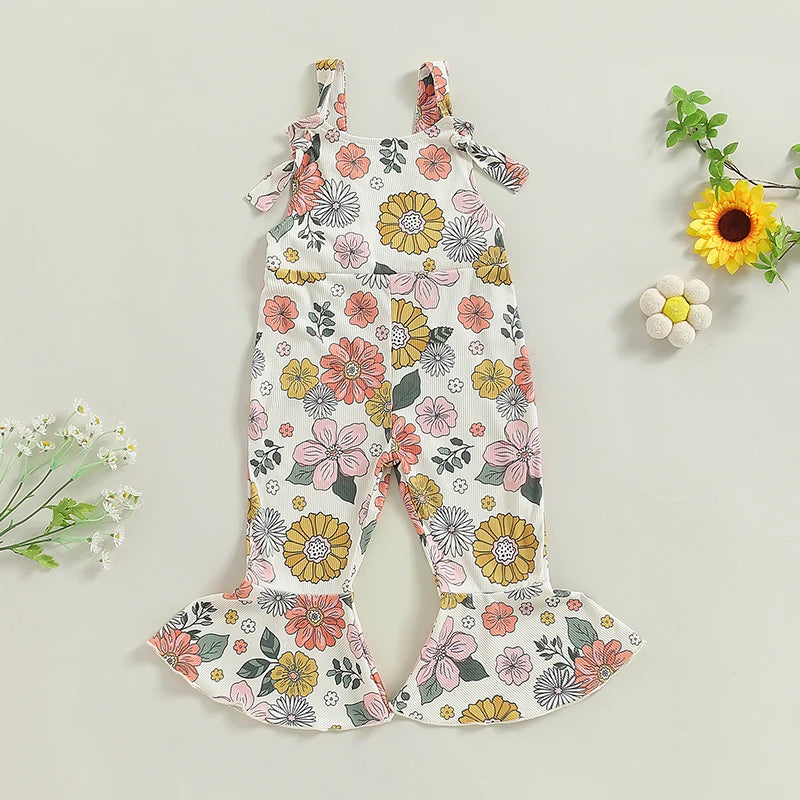 Baby Toddler Girl Summer Romper Casual Knotted Straps Floral Flowers Strawberry Print Sleeveless Flared Pant Jumpsuit