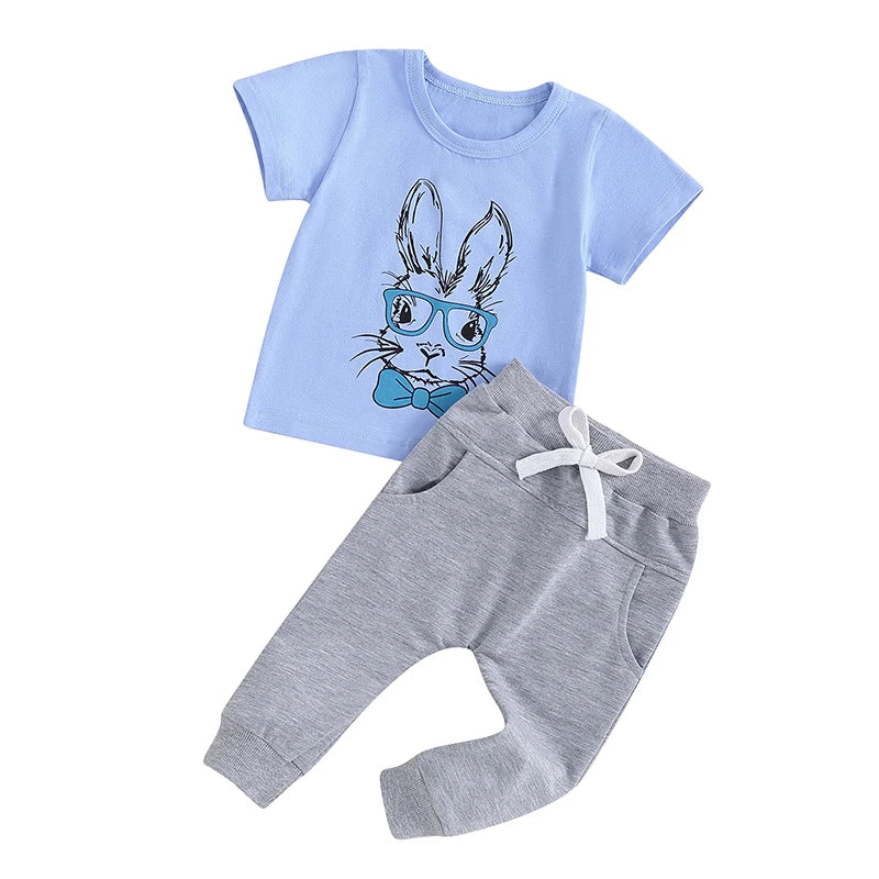 Baby Toddler Boy 2Pcs Easter Clothes Outfit Bunny Glasses Print Short Sleeve T-Shirt Top Elastic Waist Long Pants Set