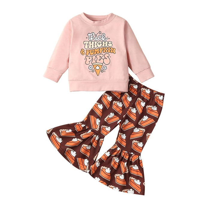 Baby Toddler Girl 2Pcs Halloween Outfits Long Sleeve Top Thankgiving Pie Print Flare Pants Set