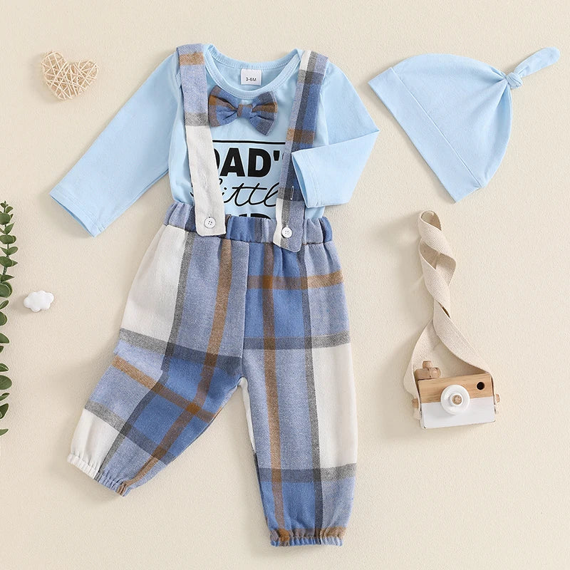 Baby Boys 3Pcs Dad's Little Dude Outfit Letter Print Long Sleeve Romper Plaid Suspender Pants Hat Set for Fall