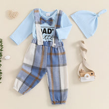 Load image into Gallery viewer, Baby Boys 3Pcs Dad&#39;s Little Dude Outfit Letter Print Long Sleeve Romper Plaid Suspender Pants Hat Set for Fall
