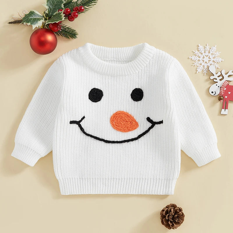 Baby Toddler Girls Boys Christmas Knit Sweater Long Sleeve O Neck Reindeer/Snowman/Joy Santa Hat Embroidery Pullover Knitwear Top