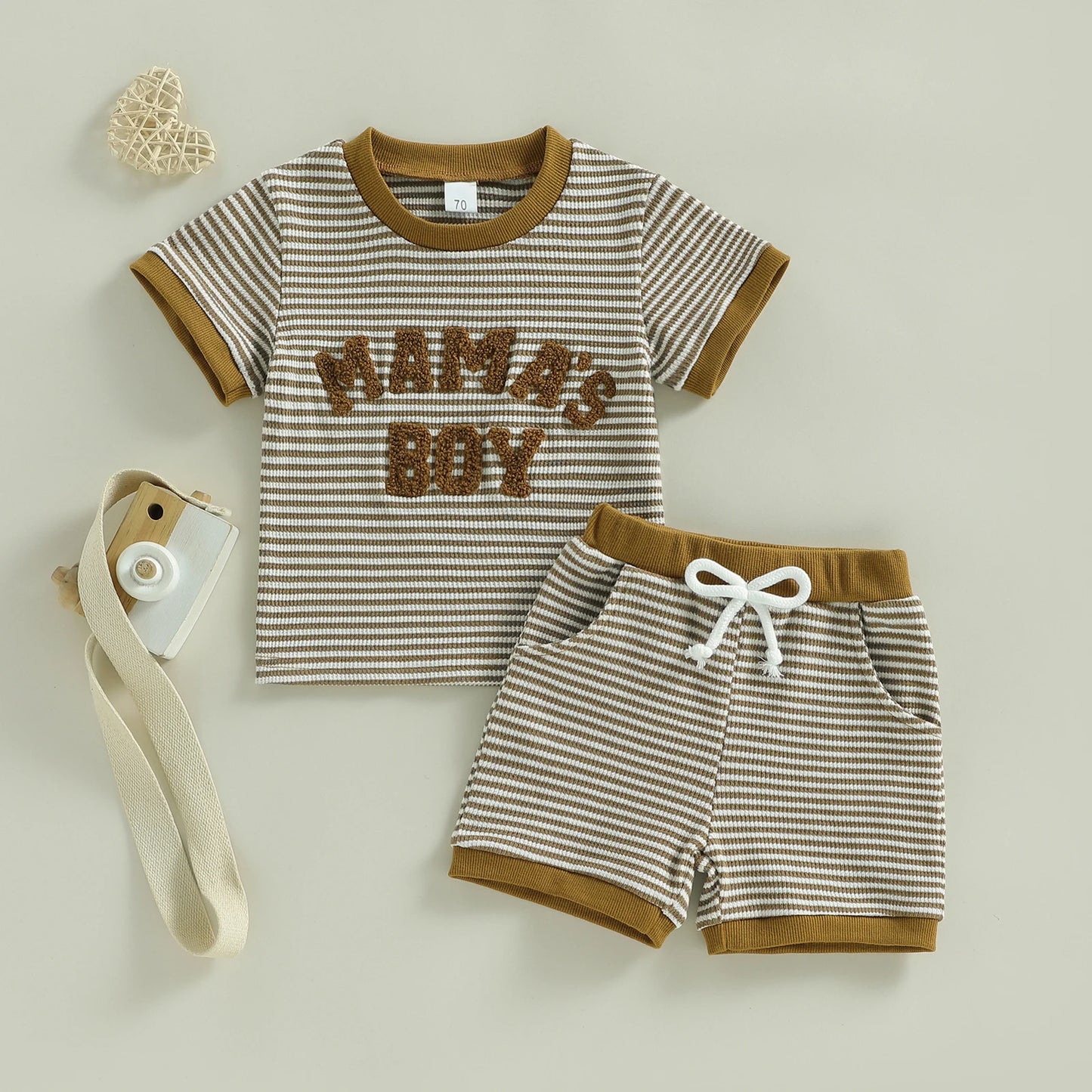 Baby Toddler Boys 2Pcs Mama's Boy Outfit Summer Short Sleeve Round Neck Letter Embroidery Striped Top and Shorts Set