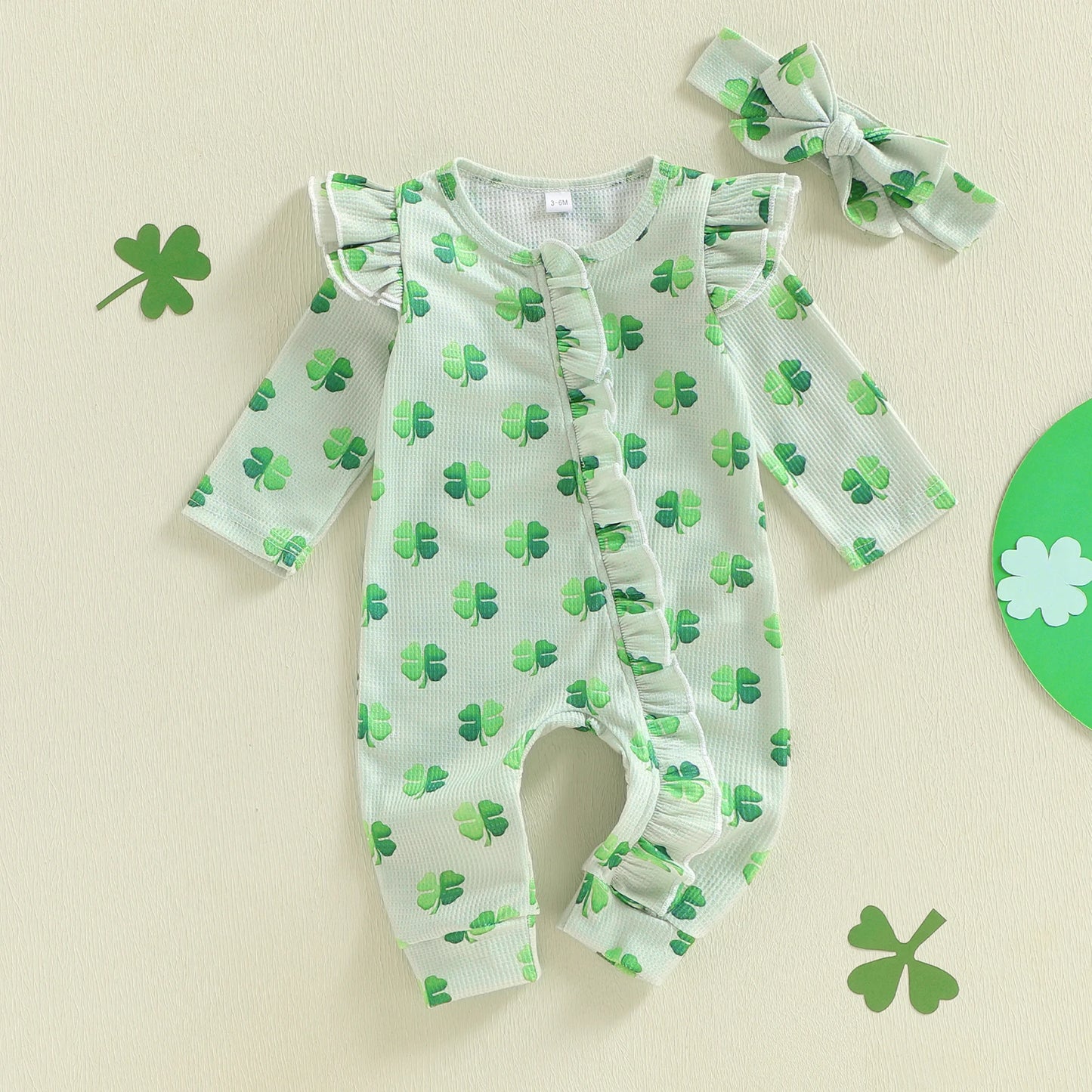 Baby Girls 2Pcs Spring Outfit Shamrock Print Ruffled Trim Zip Up Crew Neck Long Sleeve Zipper Romper with Bow Headband St. Patrick's Day Set