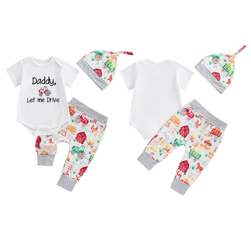 Baby Boys 3Pcs Daddy Let Me Drive Letter Print Short Sleeve Romper Farm Barn Tractor Print Long Pants Hat Outfit Set