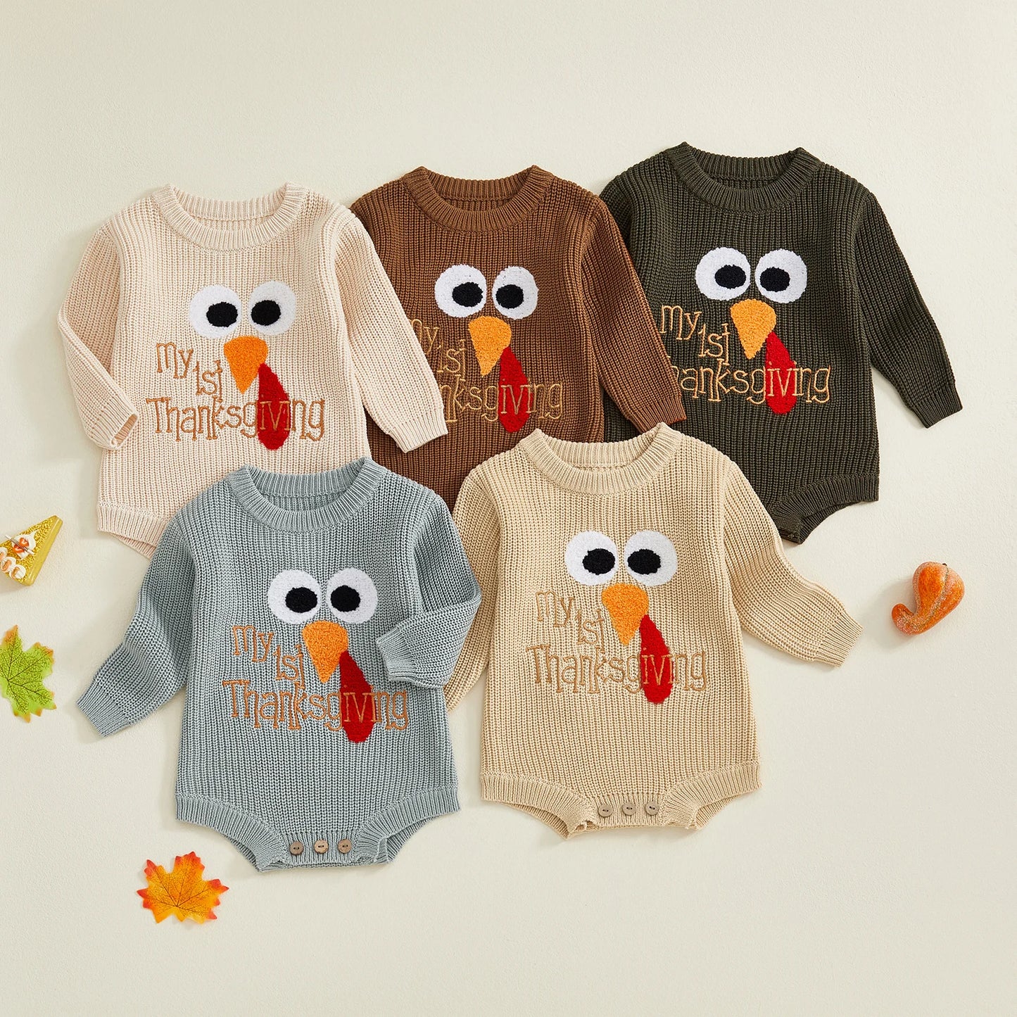 Baby Boys Girls My First Thanksgiving Romper Turkey Embroidery Long Sleeve Crew Neck Knit Bodysuit Romper
