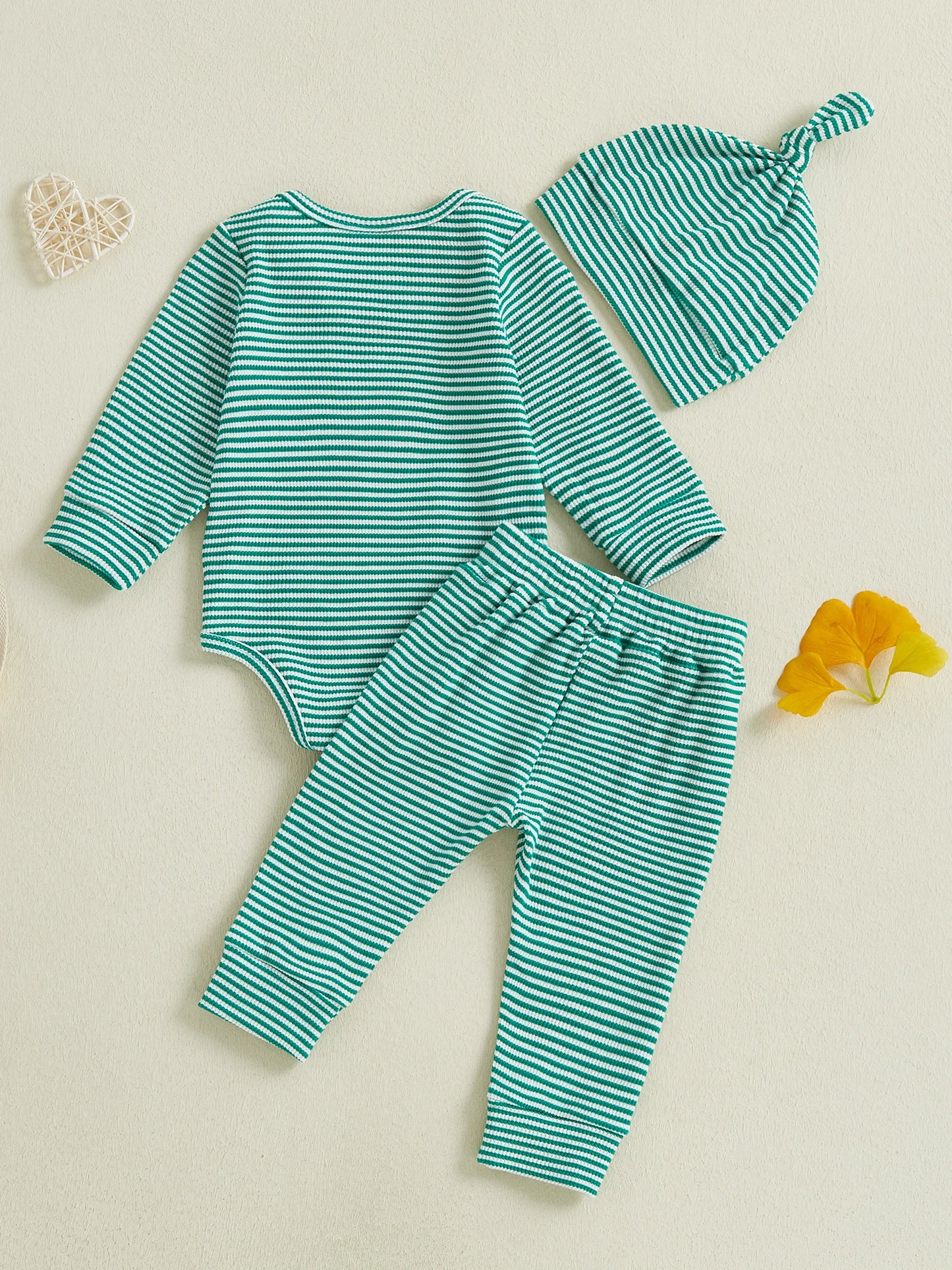 Baby Boys Girls 3Pcs Outfits Striped Crew Neck Long Sleeve Romper with Pants and Cap Beanie Hat Set