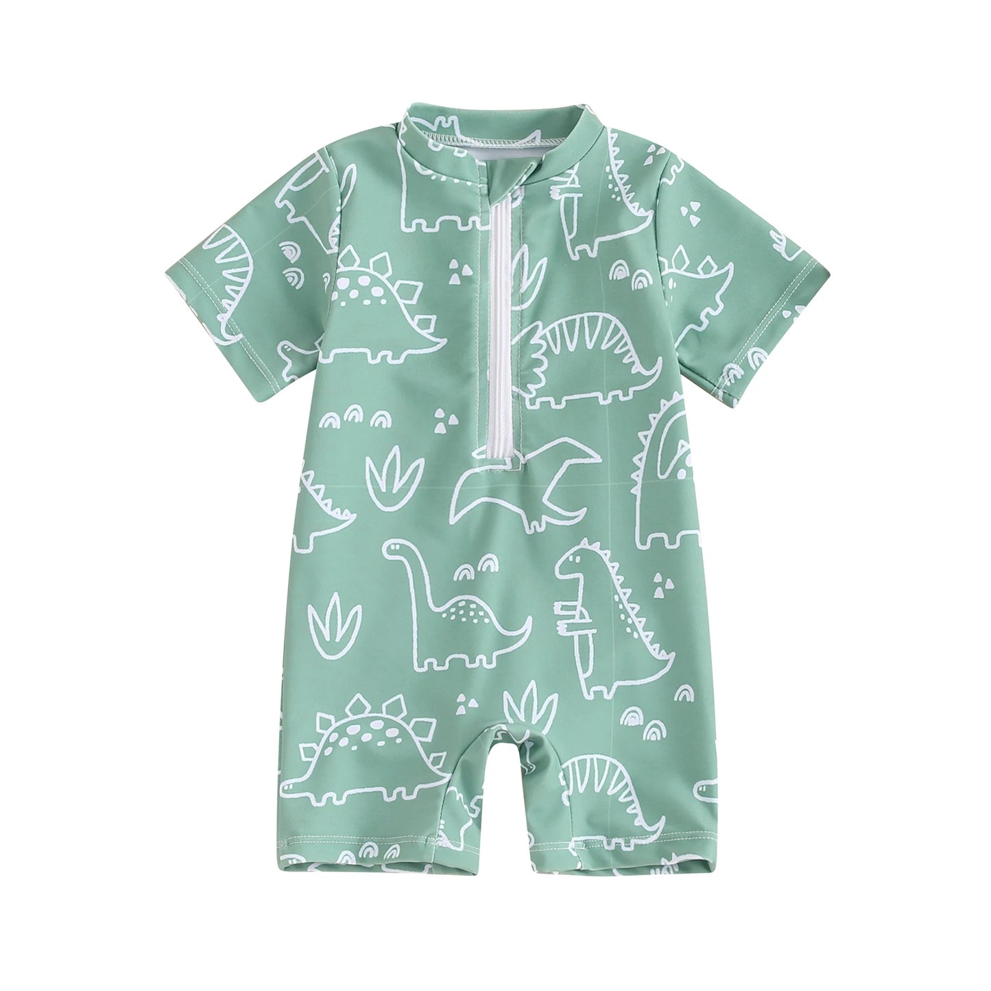Baby Toddler Boy's Swimwear Short Sleeve Dinosaur Penguin Print Half Zip Up Rash Guard Bathing Suit