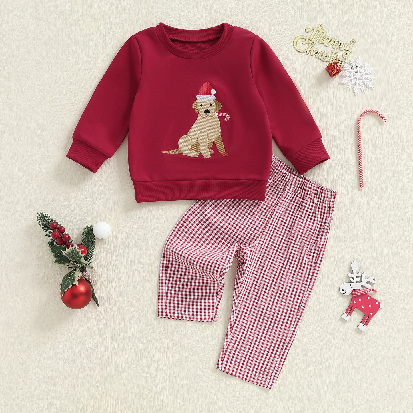 Baby Toddler Girls Boys 2Pcs Christmas Outfit Dog Embroidered Crew Neck Long Sleeve Top and Plaid Pants Set