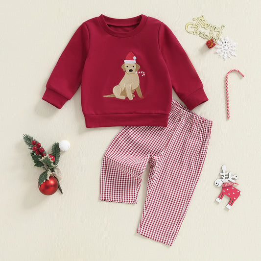 Baby Toddler Girls Boys 2Pcs Christmas Outfit Dog Embroidered Crew Neck Long Sleeve Top and Plaid Pants Set