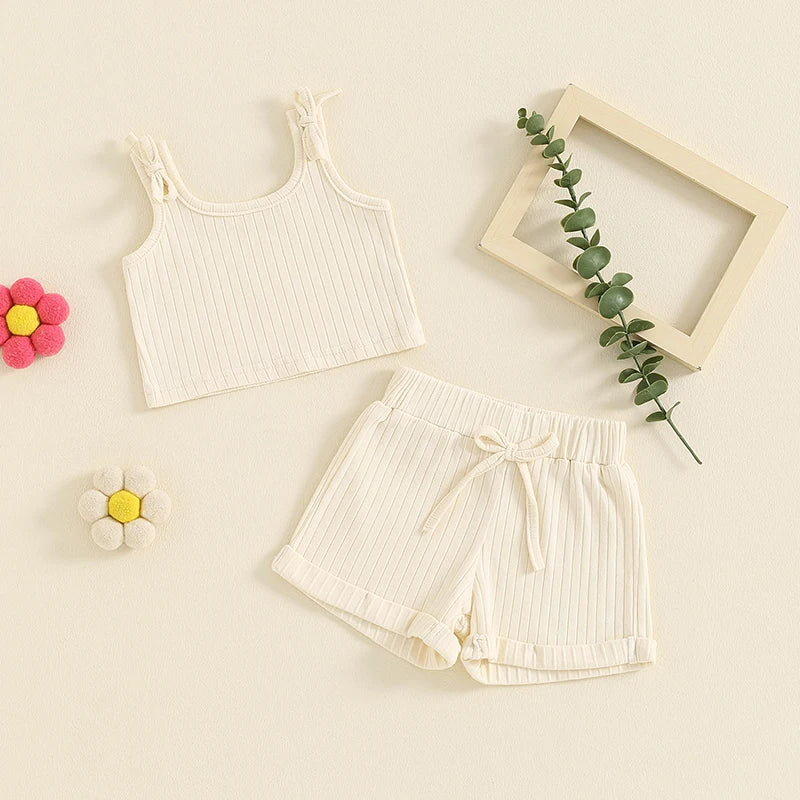 Baby Toddler Girls 2Pcs Summer Outfit Solid Color Ribbed Tank Top Tie Strap Shorts Clothes Matching Set