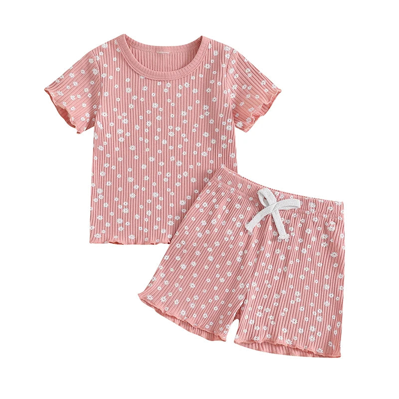 Baby Toddler Girls 2Pcs Flower Set Short Sleeve T-shirt Top With Shorts Floral Outfit