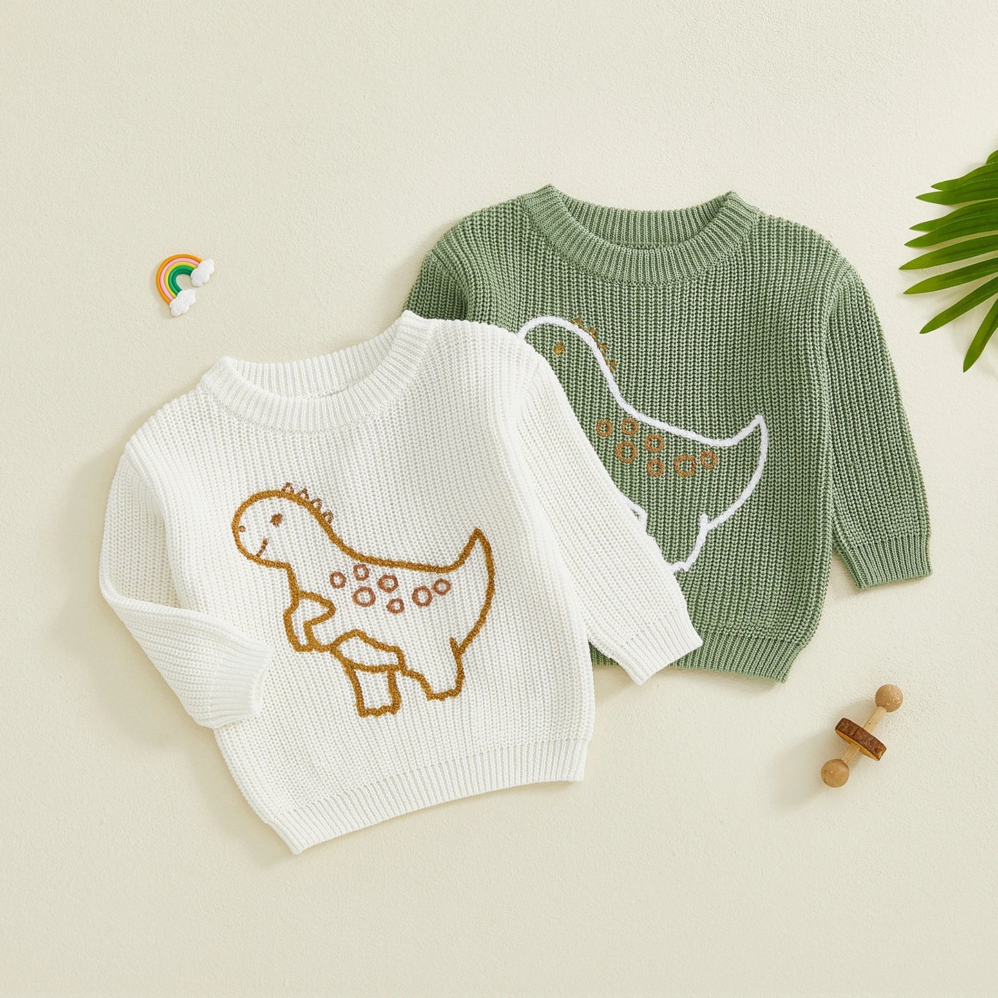 Baby Toddler Boy Sweater Long Sleeve Crew Neck Dinosaur Embroidery Knit Tops Comfortable Pullover