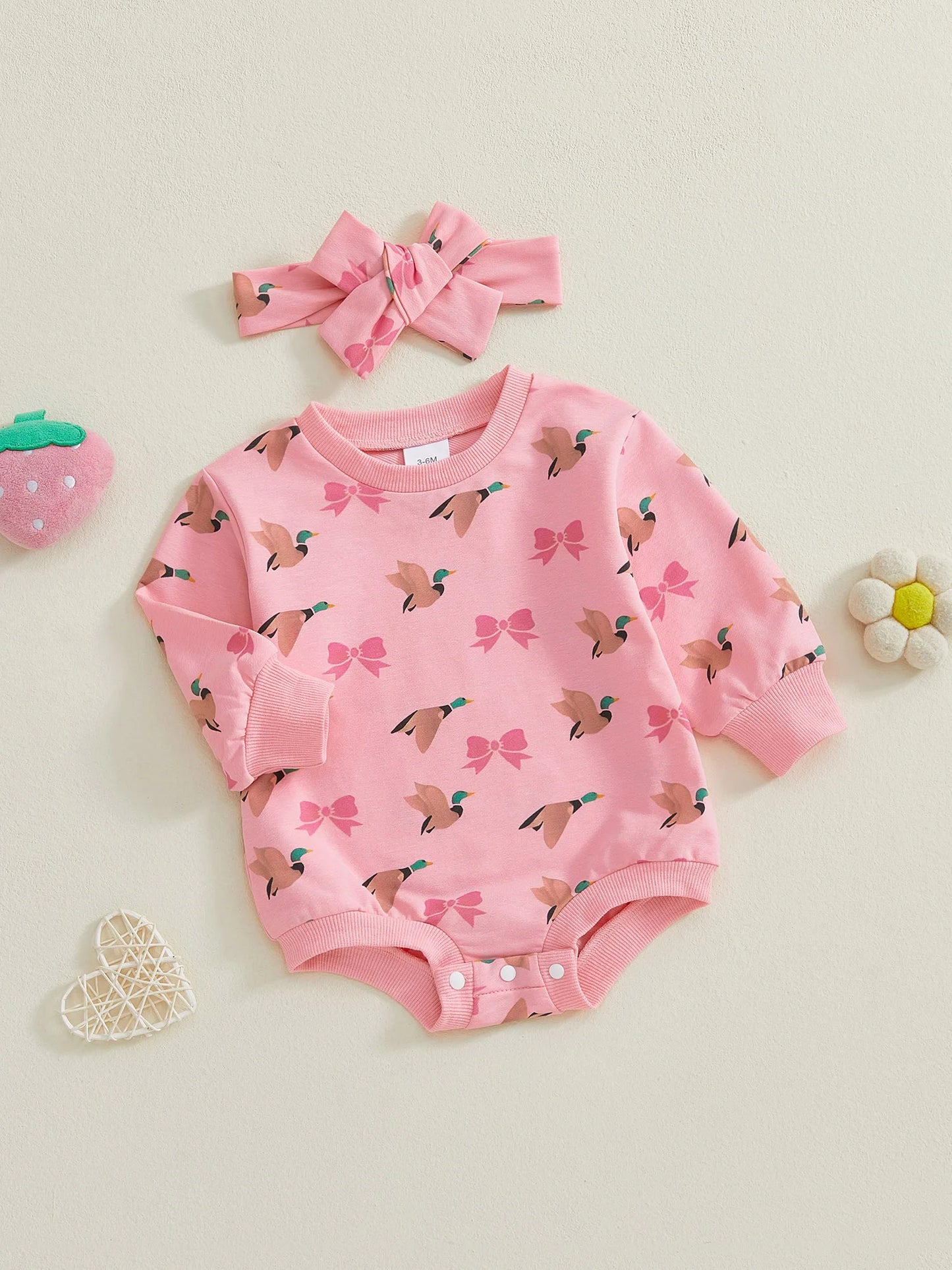 Baby Girls 2Pcs Romper Round Neck Duck and Bow Print Long Sleeve Jumpsuit with Headband Set