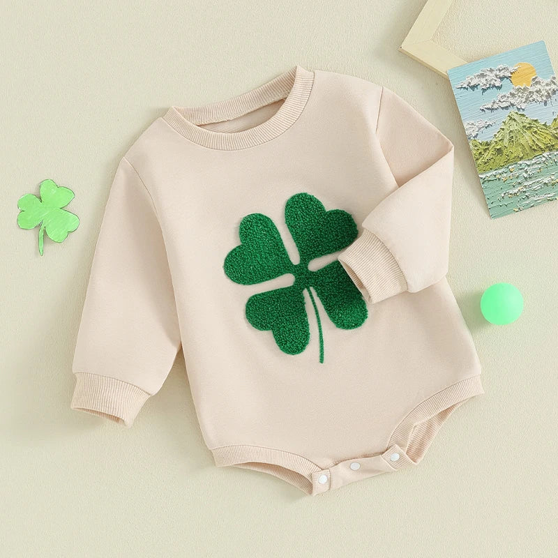 Baby Boy Girl St. Patrick's Day Four Leaf Clover Bubble Romper Spring Shamrock Jumpsuit