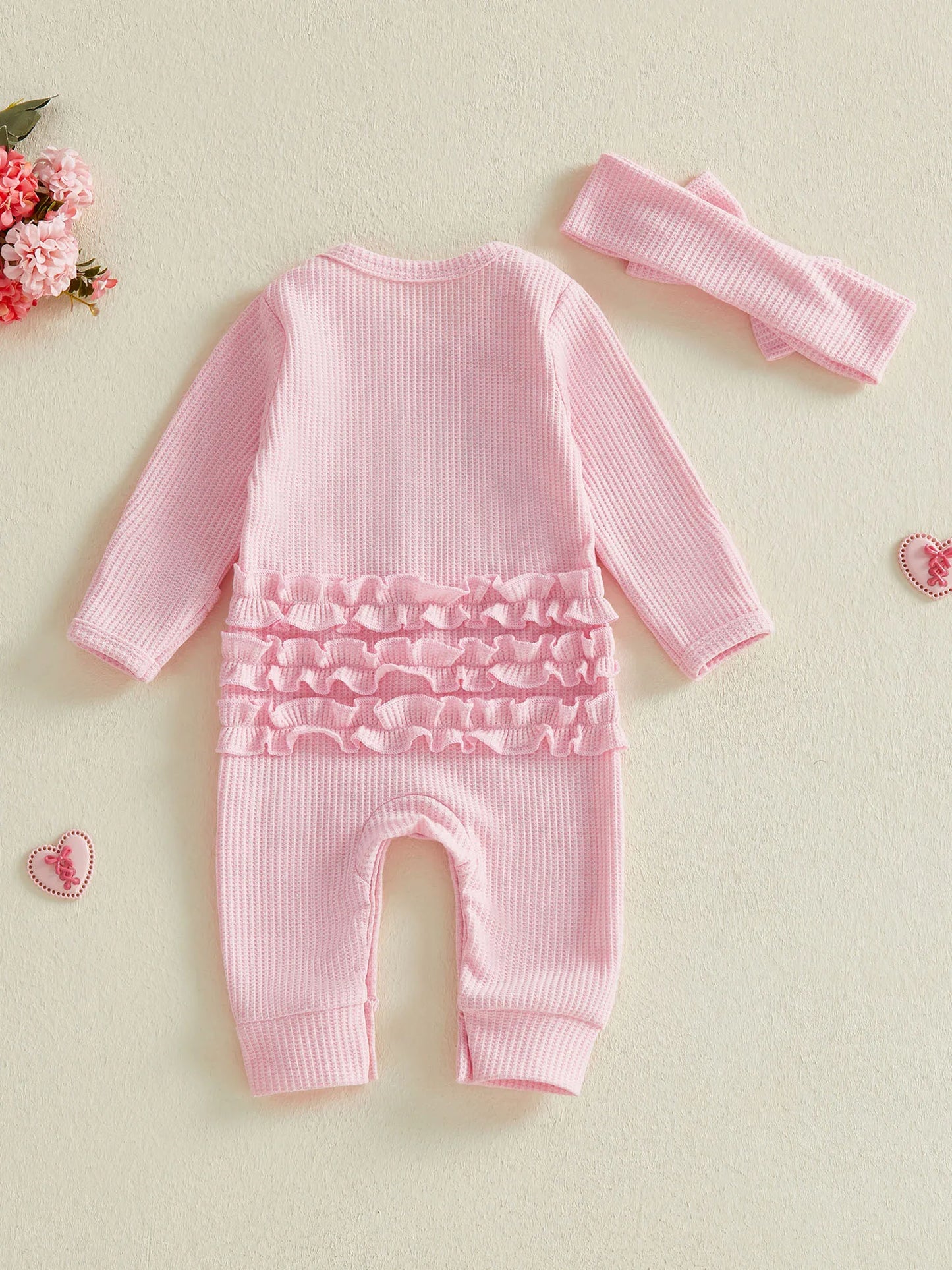 Baby Girls 2Pcs Daddy's Bestie Romper Fashionable Cute Bow Letters Embroidery Long Sleeve Jumpsuit with Headband Set