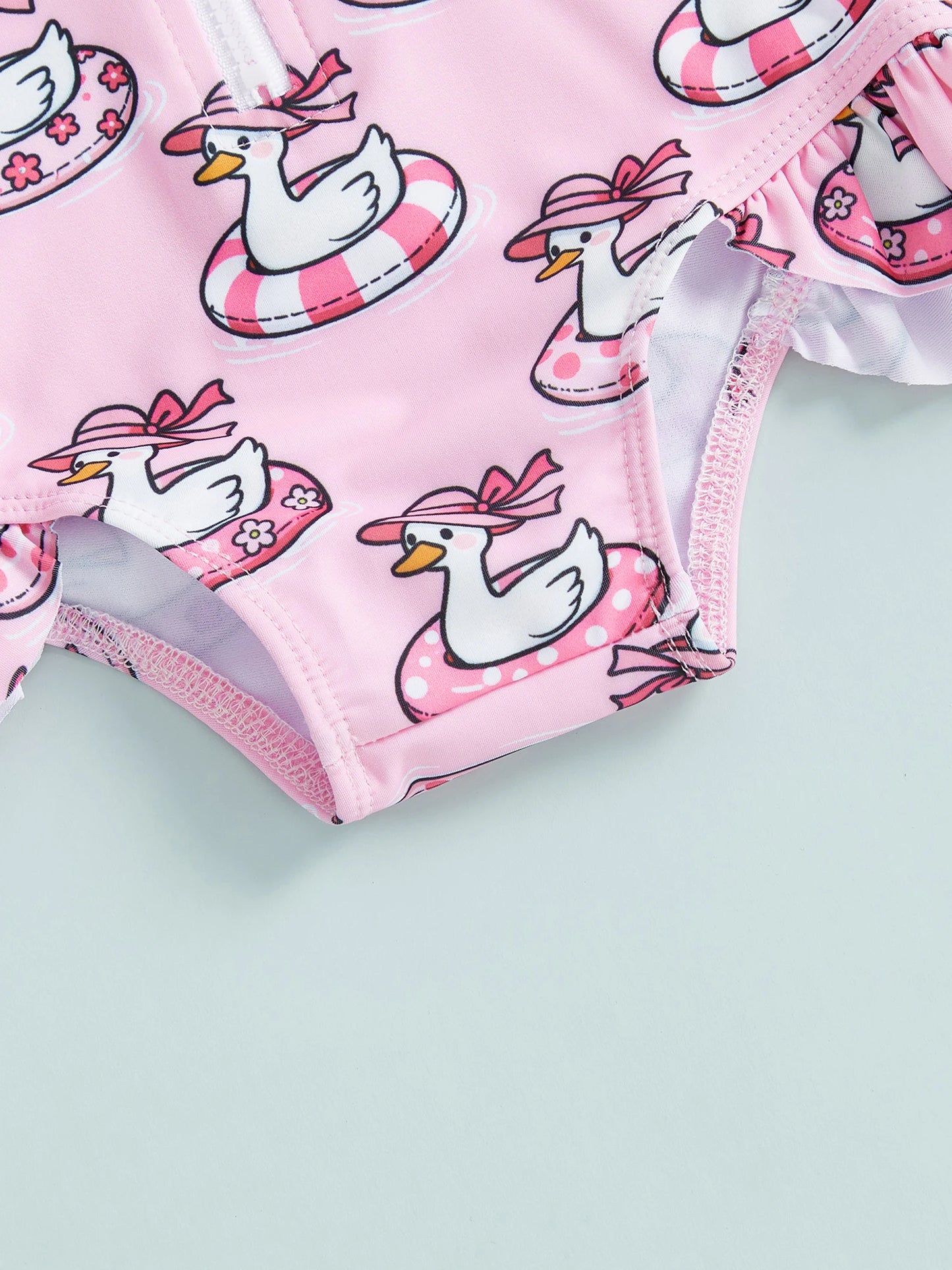 Baby Toddler Girls 2Pcs Swimsuit Set Duck/Shell Print Crew Neck Long Sleeve Zipper Rash Guard Swimwear and Sun Hat