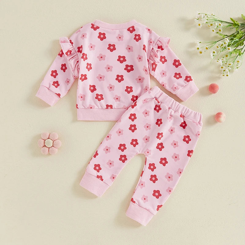 Baby Toddler Girl 2Pcs Fall Outfit Ruffle Long Sleeve Floral Flower Print Top + Pants Set