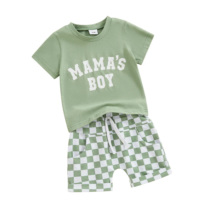 Toddler Baby Boys 2Pcs Mama's Boy Spring Summer Clothes Outfits Letters Print Top with Plaid Checker Shorts Clothing Set