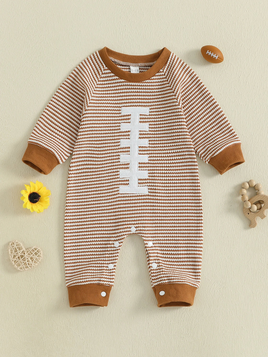 Baby Boy Fall Football Romper Casual Stripe Print Long Sleeve Game Day Jumpsuit