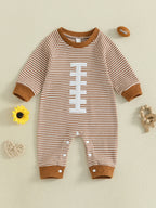 Baby Boy Fall Football Romper Casual Stripe Print Long Sleeve Game Day Jumpsuit