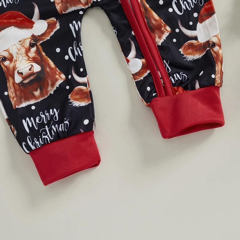 Baby Boys Girls Christmas Jumpsuit Bull Cow Santa Hat Merry Christmas Letter Print Round Neck Long Sleeve Zipper Romper